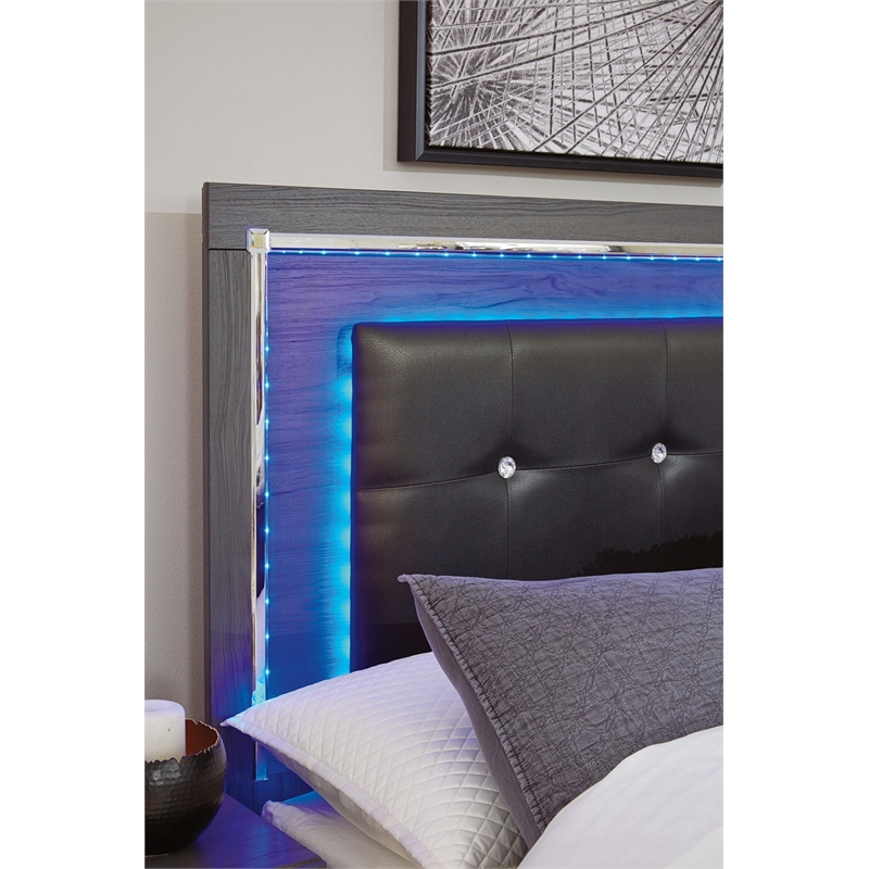 Bowery Hill Engineered Wood/Faux Leather Tufted Full LED Panel Headboard in Gray