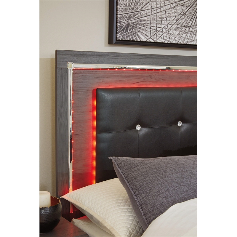 Bowery Hill Engineered Wood/Faux Leather Tufted Full LED Panel Headboard in Gray