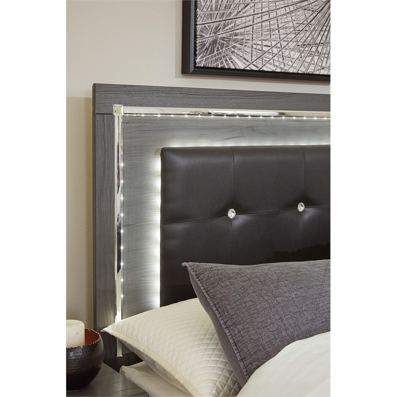 Bowery Hill Engineered Wood/Faux Leather Tufted Full LED Panel Headboard in Gray