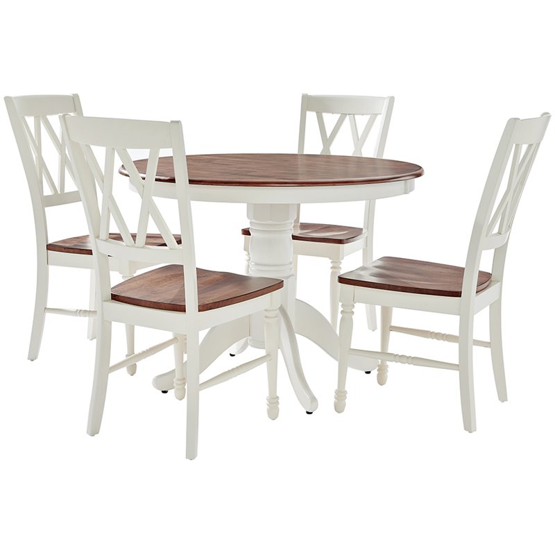Bowery Hill 5-Piece Round Pedestal Wood Dining Set in Rubbed White/Rich Cherry