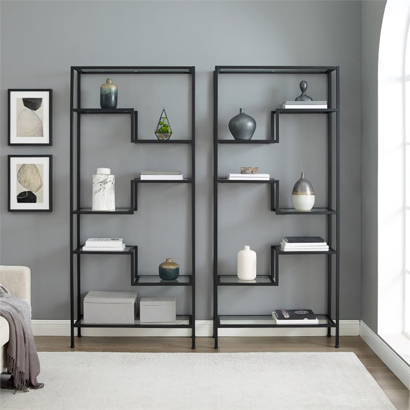 Bowery Hill 14-Shelf Modern Metal Etagere in Matte Black (Set of 2)