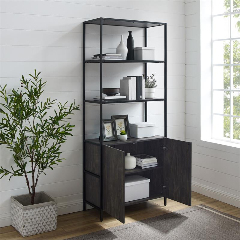 Bowery Hill Large Modern Wood/Steel Etagere in Brown Ash/Matte Black