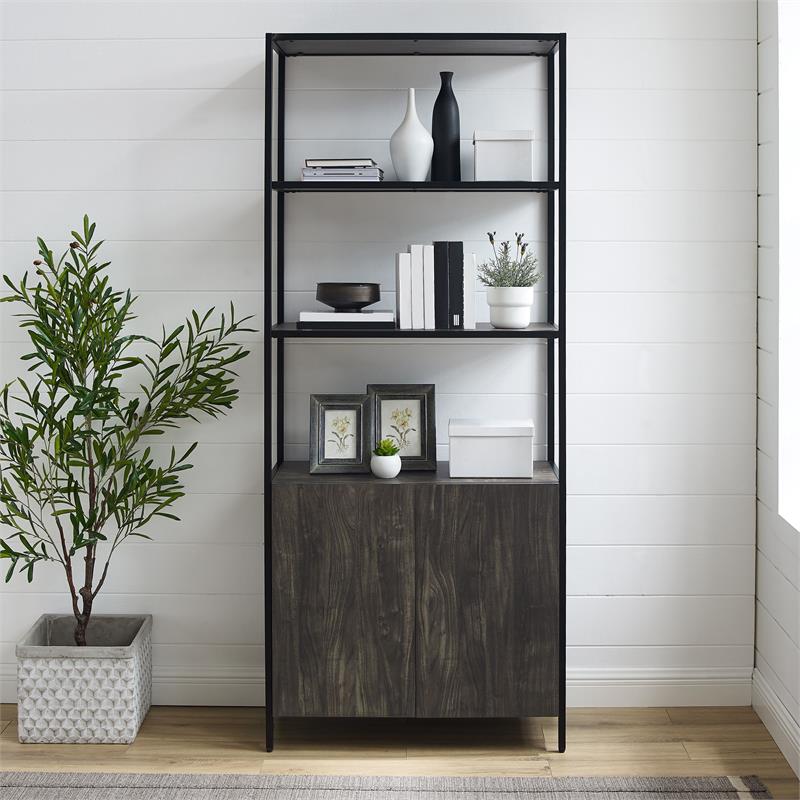 Bowery Hill Large Modern Wood/Steel Etagere in Brown Ash/Matte Black