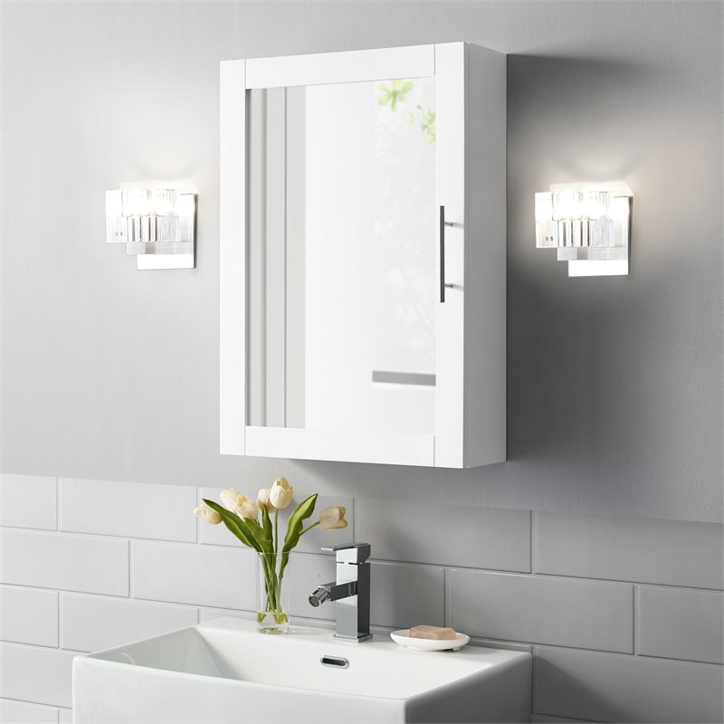 Bowery Hill Wood and Mirror Wall Cabinet in White/Chrome/Clear