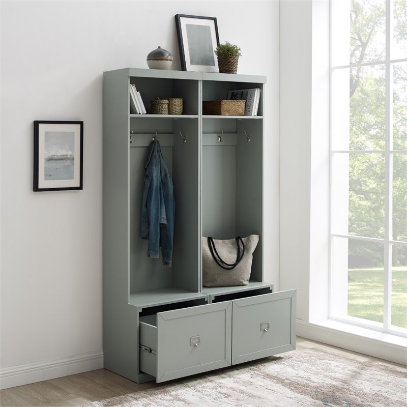 Bowery Hill 2-Drawer Wood Hall Tree Entryway in Distressed Gray (Set of 2)