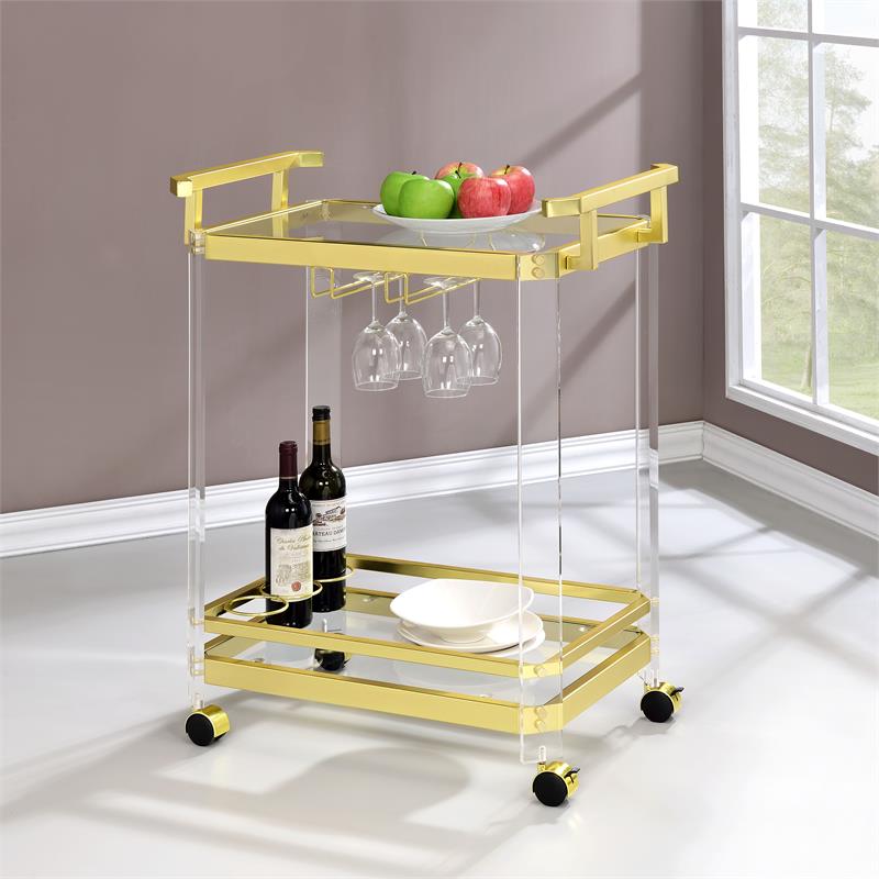 Bowery Hill Acrylic Gold Serving Cart Rectangular Mobile 35