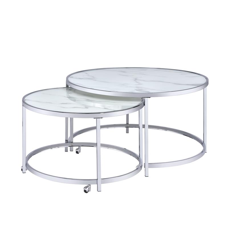 Bowery Hill Transitional Faux Marble Nesting Cocktail Tables in White