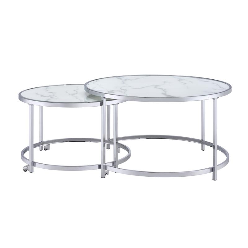 Bowery Hill Transitional Faux Marble Nesting Cocktail Tables in White