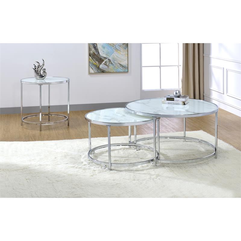 Bowery Hill Transitional Faux Marble Nesting Cocktail Tables in White