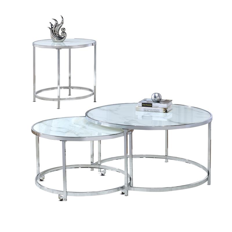 Bowery Hill Transitional Faux Marble Nesting Cocktail Tables in White