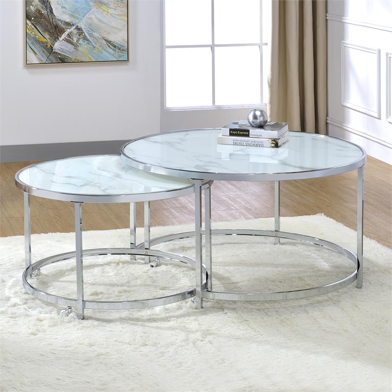 Bowery Hill Transitional Faux Marble Nesting Cocktail Tables in White