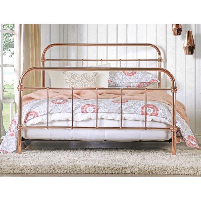 Bowery Hill Farmhouse Metal King Bed with 4 Piece Slats in Gold
