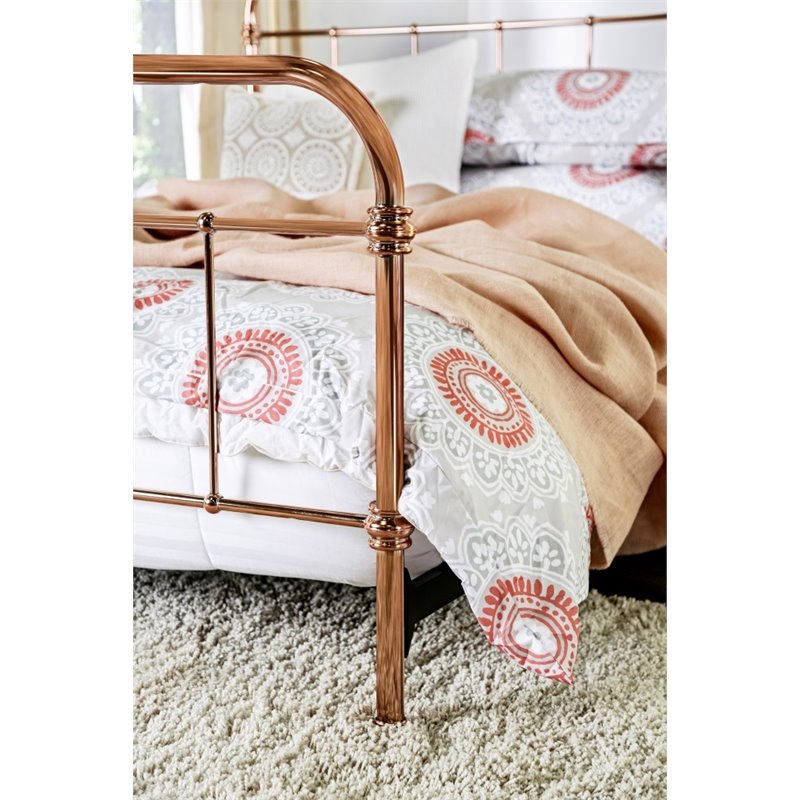 Bowery Hill Farmhouse Metal King Bed with 4 Piece Slats in Gold