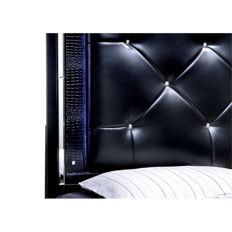 Bowery Hill Contemporary Wood King LED Panel Bed with Mirror Trim in Black