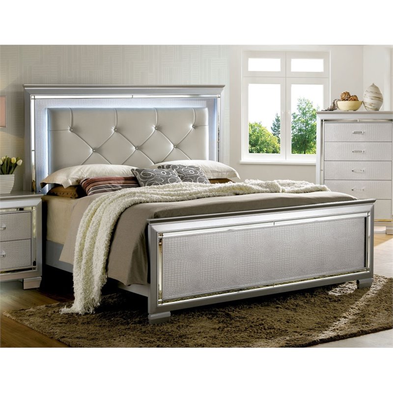 Bowery Hill Solid Wood Silver California King Panel Bed LED Lighting 65