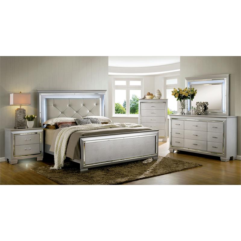 Bowery Hill Solid Wood Silver California King Panel Bed LED Lighting 65