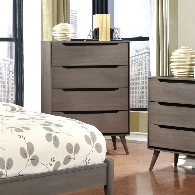 Bowery Hill 4-Drawer Mid-Century Solid Wood/Wood Veneer/MDF Chest in Gray