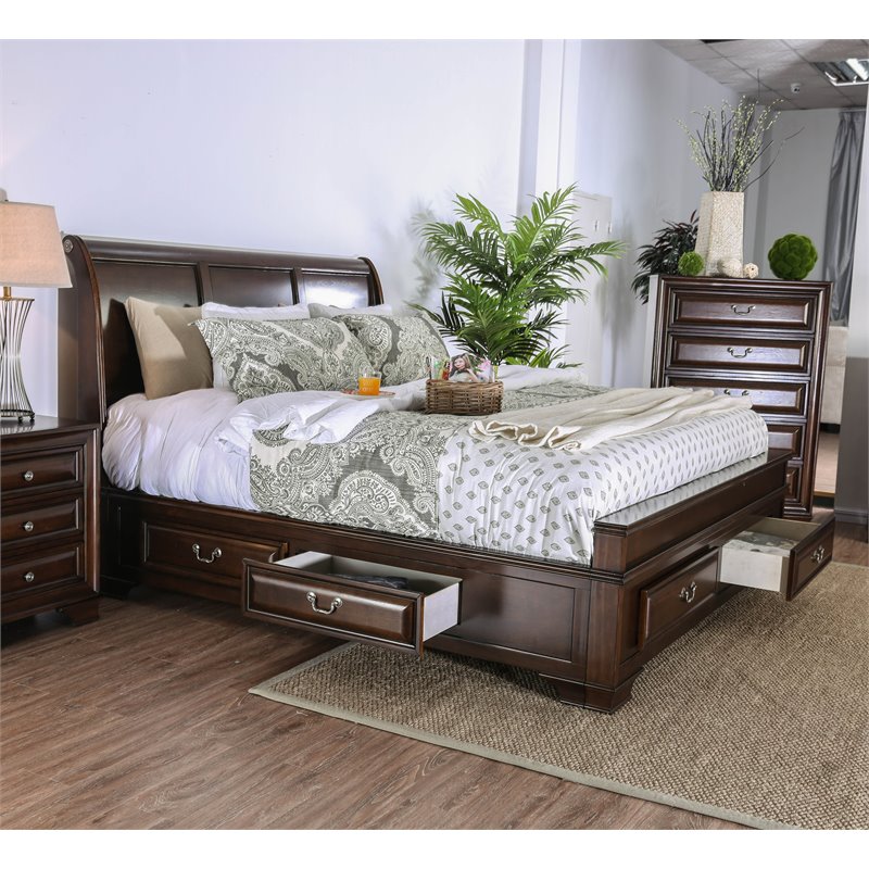 Bowery Hill Solid Wood Brown Cherry Queen Storage Platform Bed Rectangular Arched Headboard 54