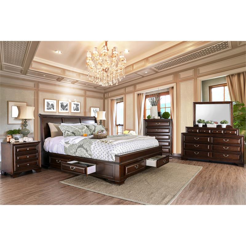 Bowery Hill Solid Wood Brown Cherry Queen Storage Platform Bed Rectangular Arched Headboard 54