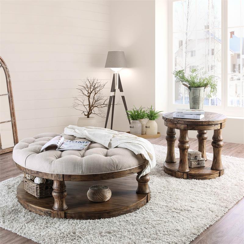 Bowery Hill Rustic Wood Round Tufted Coffee Table in Antique Oak