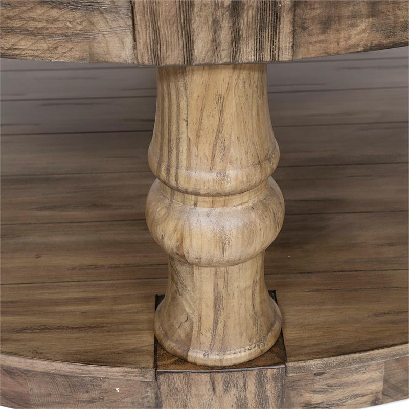 Bowery Hill Rustic Wood Round Tufted Coffee Table in Antique Oak