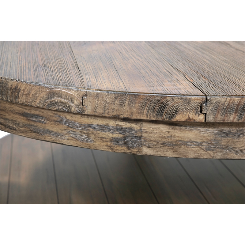Bowery Hill Rustic Wood Round Tufted Coffee Table in Antique Oak