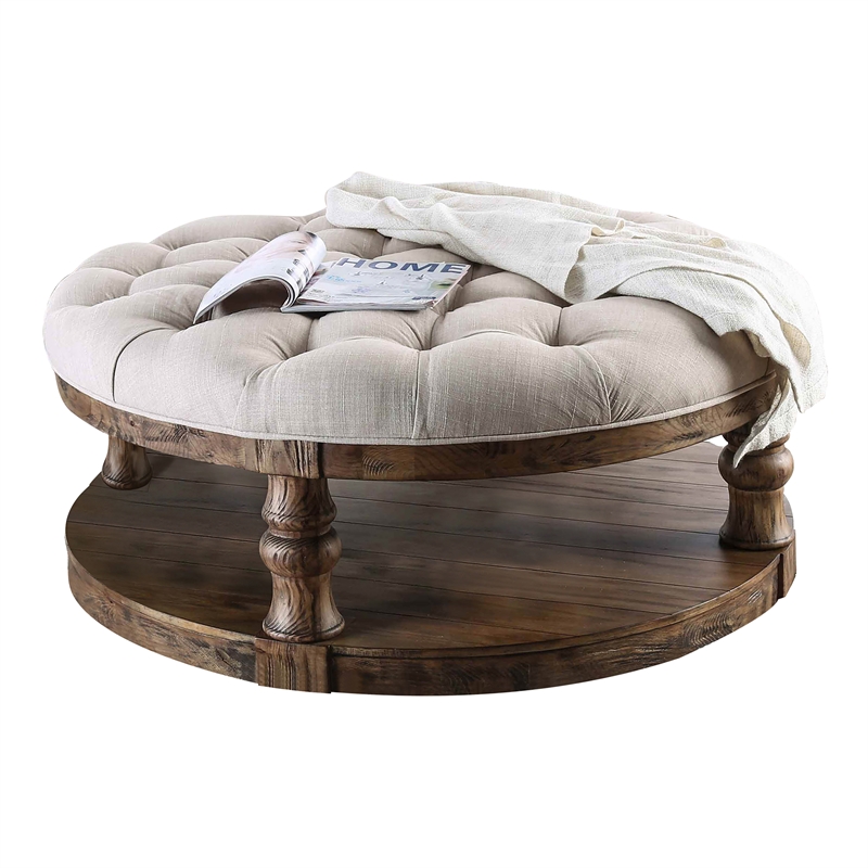 Bowery Hill Rustic Wood Round Tufted Coffee Table in Antique Oak