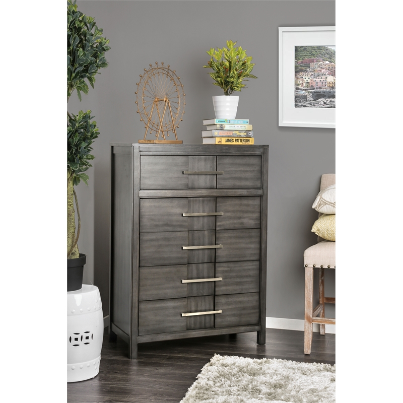 Bowery Hill 5-Drawer Transitional Solid Wood/Wood Veneer/MDF Chest in Gray