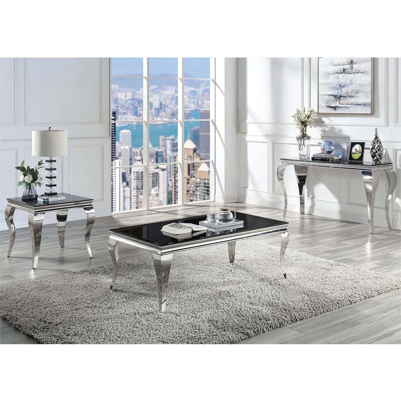 Bowery Hill Glam Glass Top End Table in Black and Silver Finish