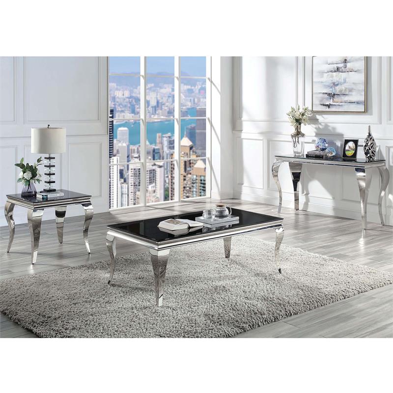 Bowery Hill Glam Glass Top Sofa Table in Black and Silver Finish