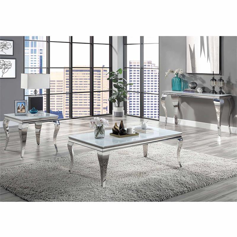 Bowery Hill Glam Glass Top Sofa Table in White and Silver Finish