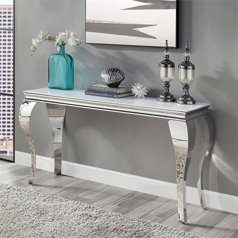 Bowery Hill Glam Glass Top Sofa Table in White and Silver Finish