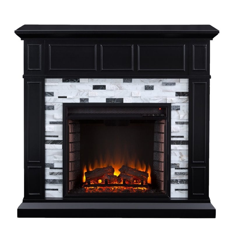 Bowery Hill Engineered Wood Black Electric Fireplace Rectangular Remote Control 40.5