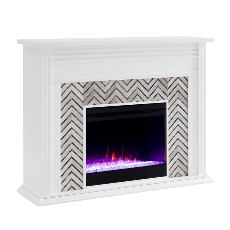 Bowery Hill Rubberwood White Electric Fireplace Rectangular Color Changing Lights 50