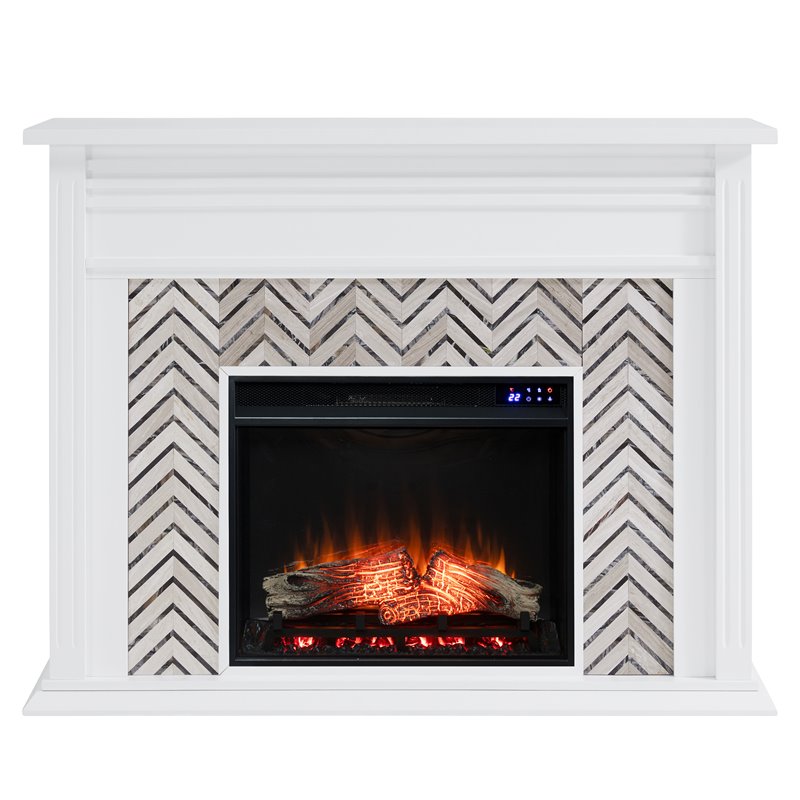 Bowery Hill Contemporary Wood-Tiled Marble Electric Fireplace in White