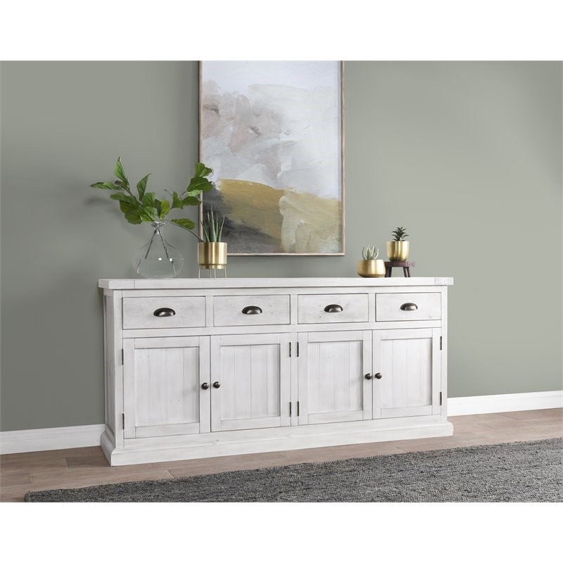 Bowery Hill 4-Drawer 4-Door Solid Pine Wood Sideboard in Nordic Ivory