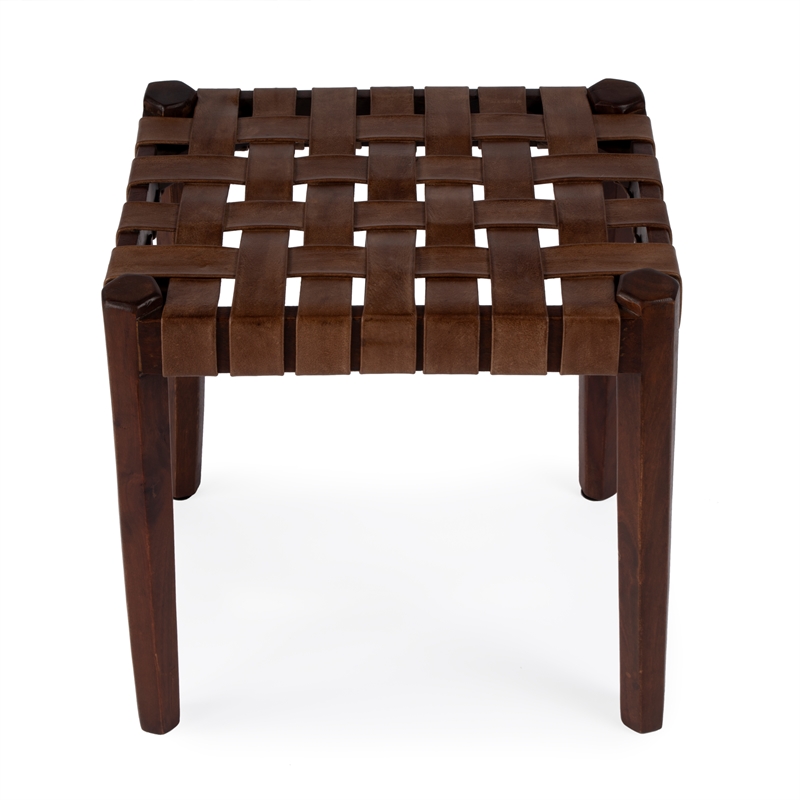 Bowery Hill Acacia Wood Brown Stool Rectangular Woven Genuine Leather 18x13.5x18 Assembled