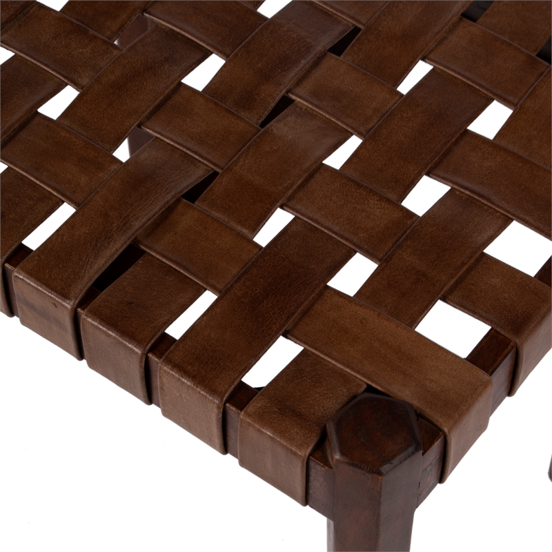Bowery Hill Acacia Wood Brown Stool Rectangular Woven Genuine Leather 18x13.5x18 Assembled