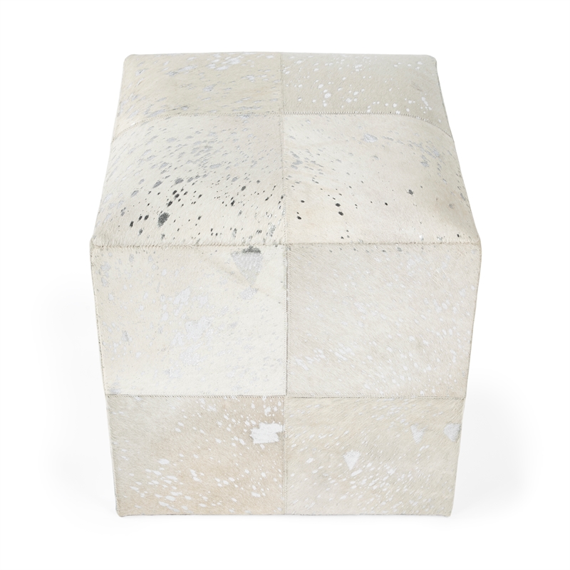 Bowery Hill Transitional White Hair on Hide with Silver Spots Ottoman