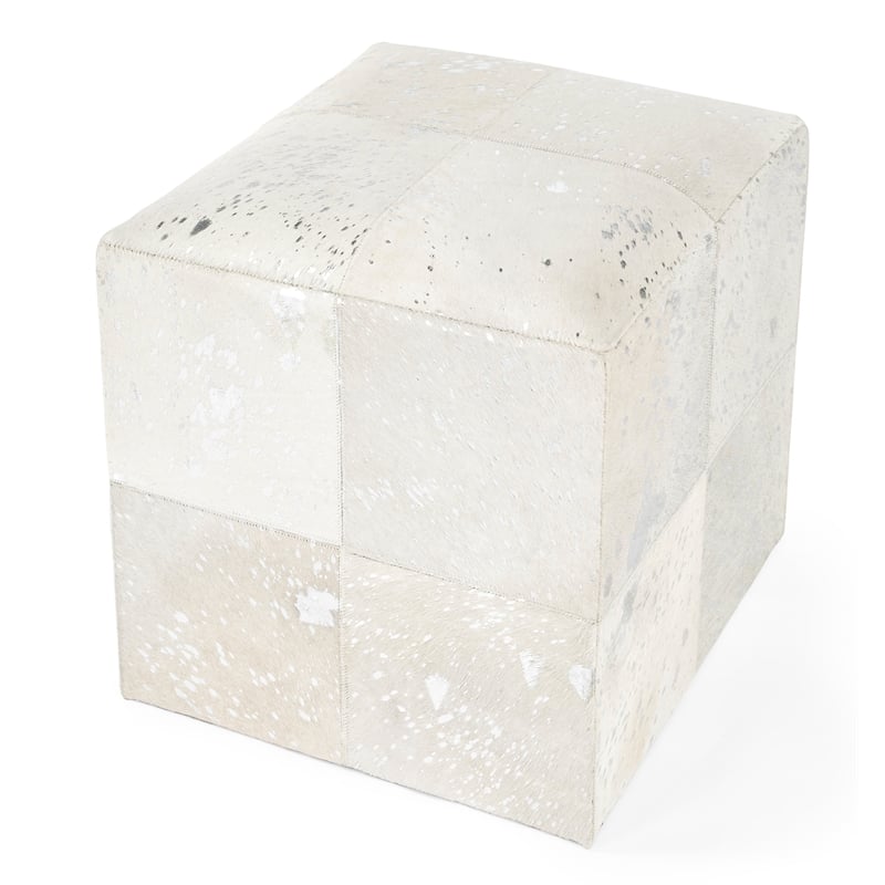 Bowery Hill Transitional White Hair on Hide with Silver Spots Ottoman