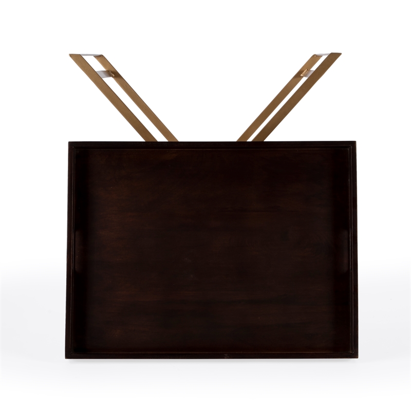 Bowery Hill Transitional Brown Mango Wood and Gold Cross Legs Tray Table