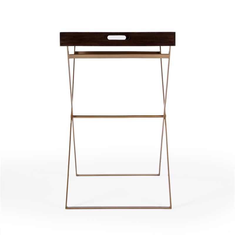 Bowery Hill Transitional Brown Mango Wood and Gold Cross Legs Tray Table