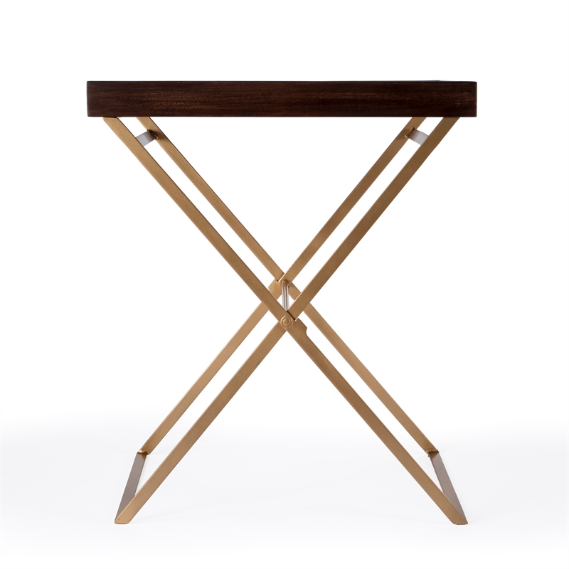 Bowery Hill Transitional Brown Mango Wood and Gold Cross Legs Tray Table