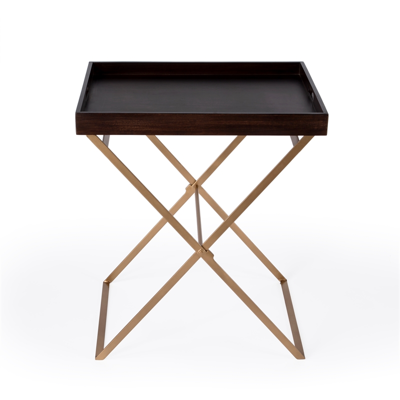 Bowery Hill Transitional Brown Mango Wood and Gold Cross Legs Tray Table