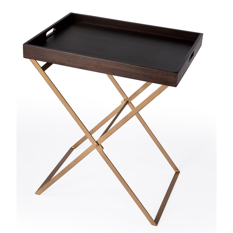 Bowery Hill Transitional Brown Mango Wood and Gold Cross Legs Tray Table