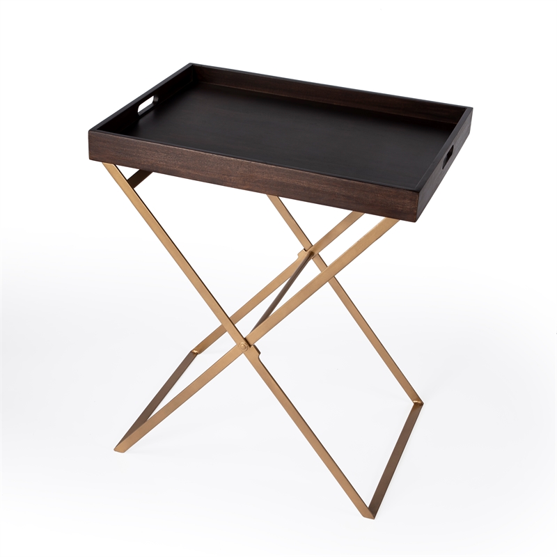 Bowery Hill Transitional Brown Mango Wood and Gold Cross Legs Tray Table