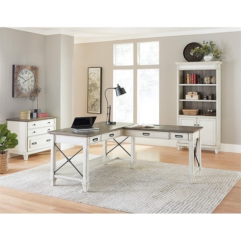 Bowery Hill Wood Bookcase with Storage Cabinet Office Shelves in White