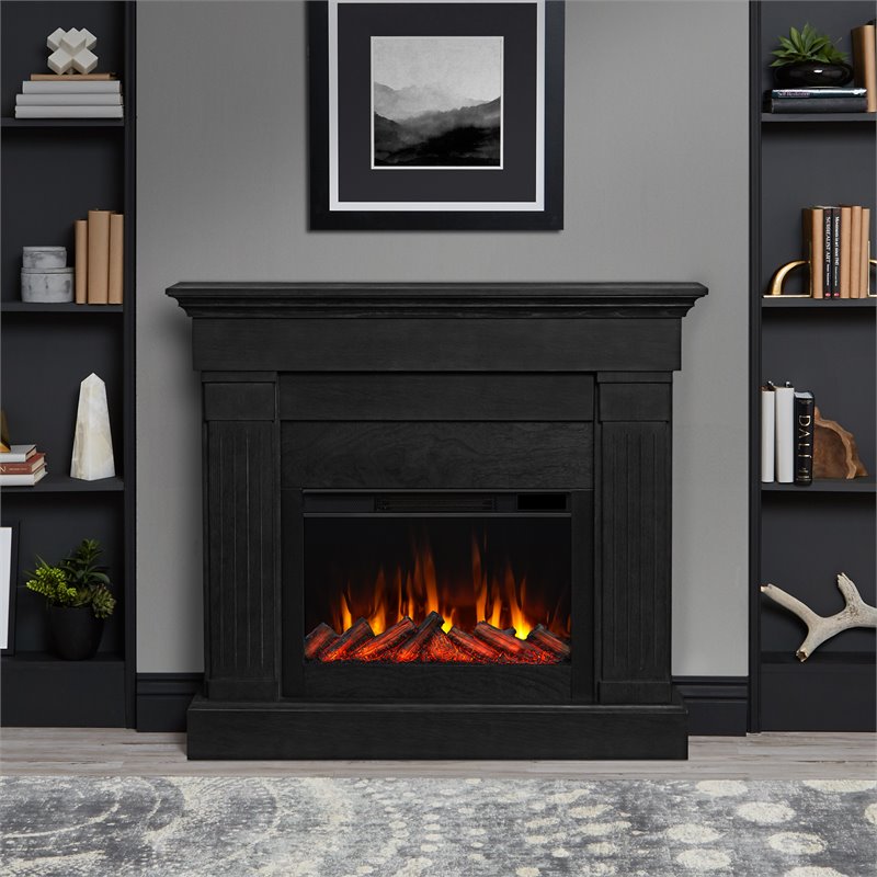 Bowery Hill Solid Wood Black Electric Fireplace Rectangular Adjustable Thermostat 47.5