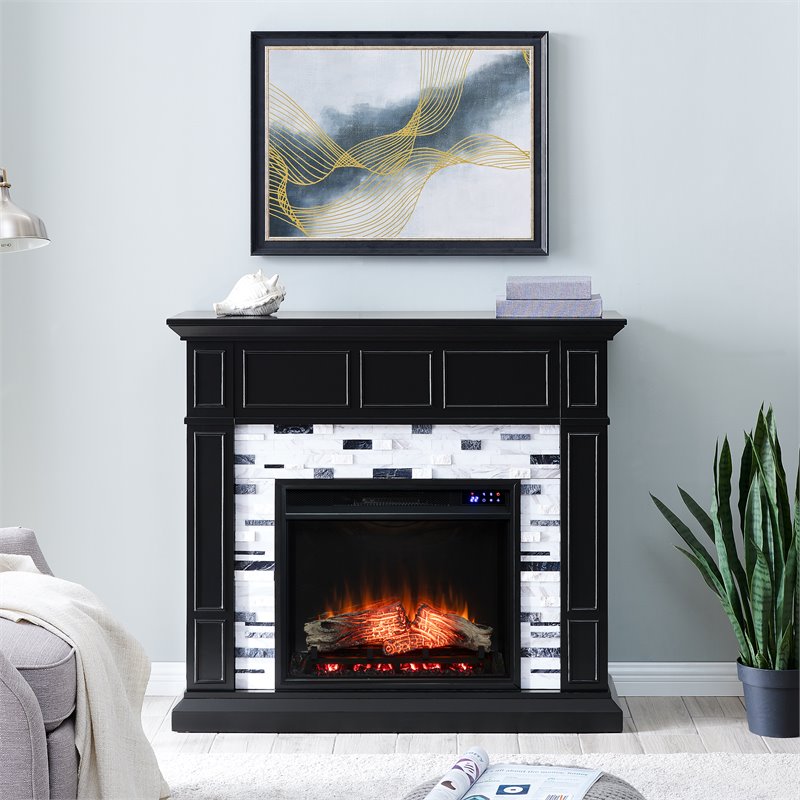 Bowery Hill Modern Wood-Marble Electric Fireplace in Black Finish