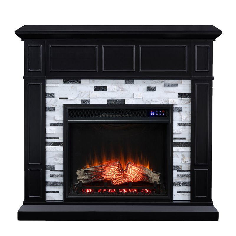 Bowery Hill Modern Wood-Marble Electric Fireplace in Black Finish